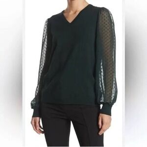 Black Sweater Top Dark Romance Sheer Dot Long Sleeve Ruffle Neck Preppy Career M